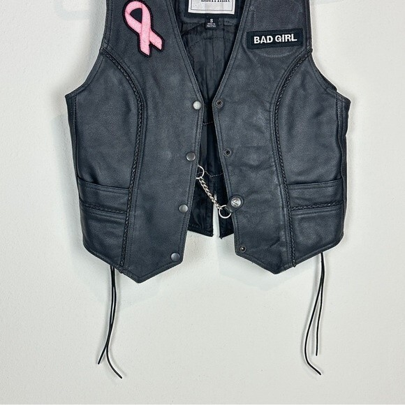 Leather Black Motorcycle Vest Skull Patches Pins Breast Cancer S - Picture 2 of 12